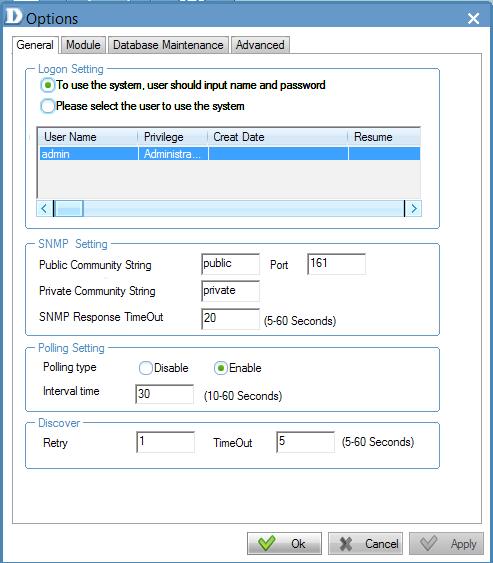 The Options configuration window has four tabs - General, Module, Database Maintenance and Advanced. The General section consists of Logon Settings, SNMP Settings, Polling Settings and Discover.
