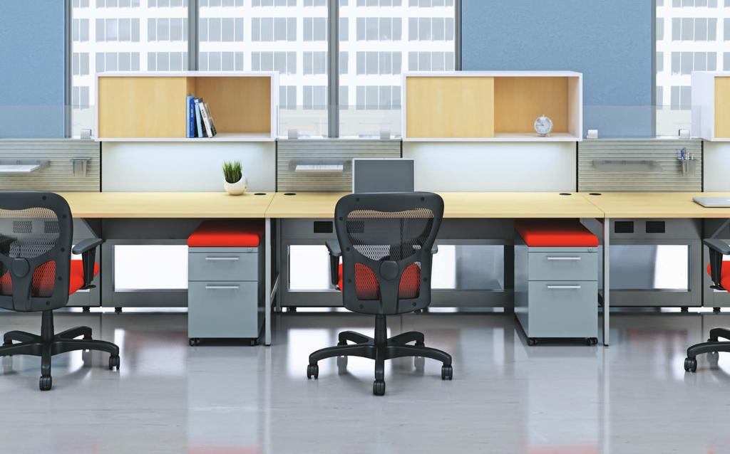 Matrix spine wall desking stations with shared overheads and open frame