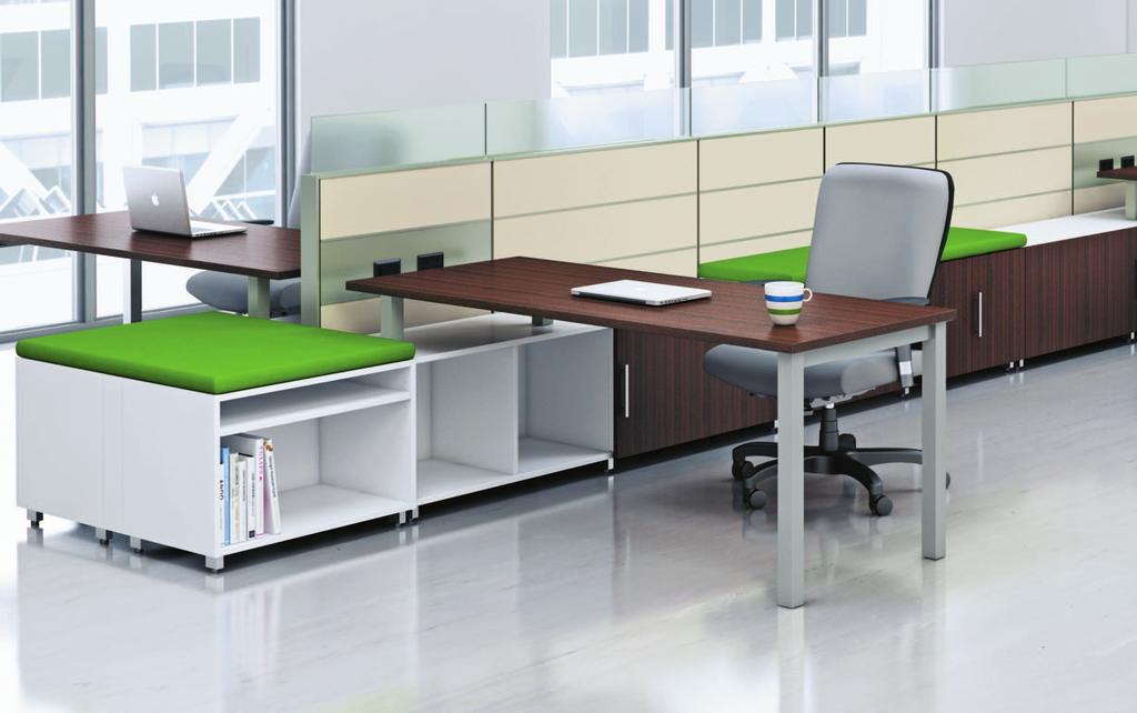 Matrix touchdown stations with Calibrate low storage credenzas and casual seating spaces.