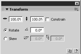 16 1. The Flash Authoring Tool Figure 1.12 The Transform panel allows us to scale, rotate, and skew a movie clip instance on the stage. The top two fields indicate the scale of the selected object.