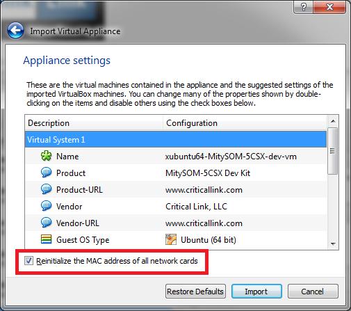 4. When the Appliance Import Settings dialog appears, make sure to check the Reinitialize the MAC address of