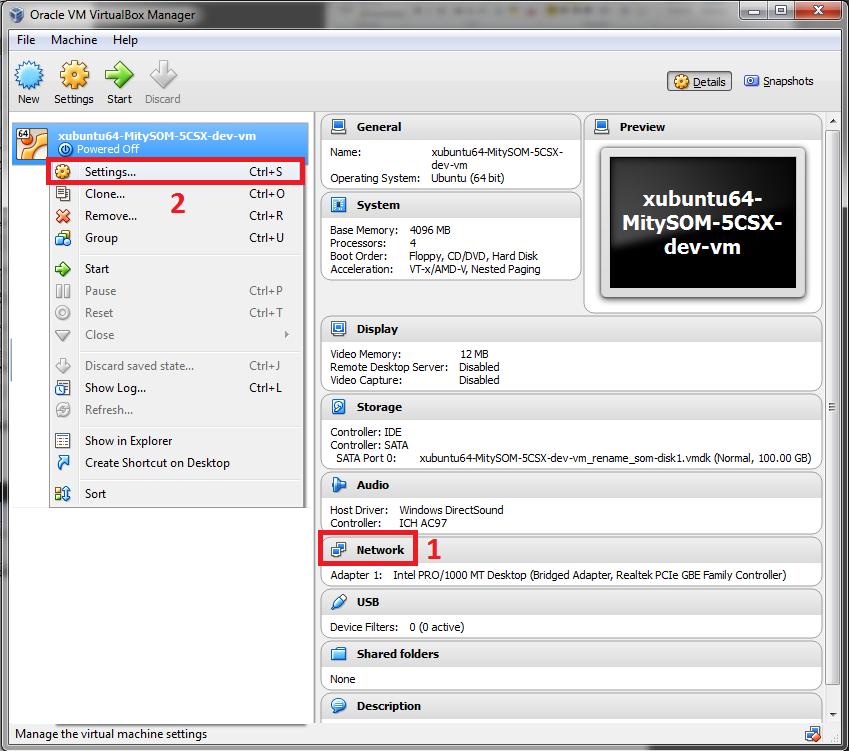 After the machine is imported, select it in the VirtualBox Manager dialog, and click on the Network settings