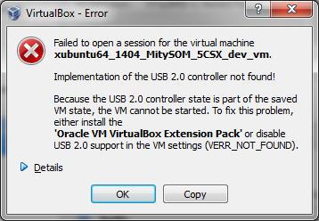 Potential errors during VM startup: A) Error window appears stating that the Oracle VM VirtualBox Extension Pack needs to be installed.