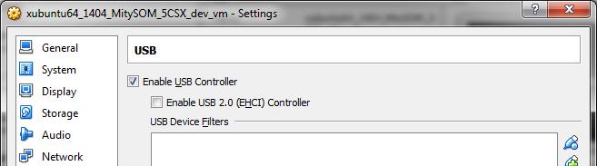 0 devices in the VM you can disable USB 2.0 support by going into the Settings menu of the MitySOM-5CSx VM appliance and then USB from the left and deselect the Enable USB 2.