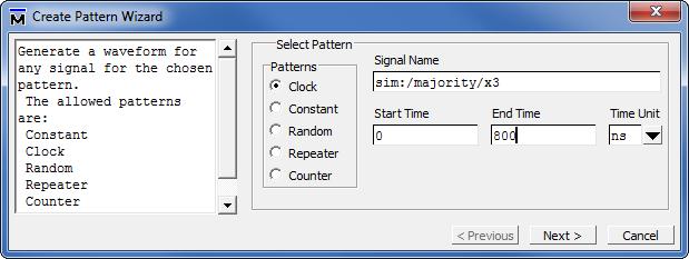 To illustrate how a clock signal can be defined, we will specify x 3 in this manner. Right-click on the x 3 input in the Objects window and select Modify > Apply Wave.