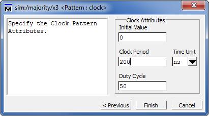 Click Next, which leads to the window in Figure 21. Here, specify 0 as the initial value, 200 ns as the clock period, and 50 as the duty cycle. Click Finish.