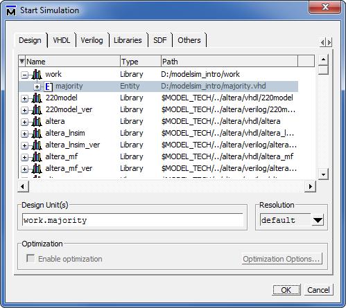 Figure 7. Start Simulation window. Expand the work directory and select the design called majority, as shown in the figure. Then click OK. Now, an Objects window appears in the main ModelSim window.