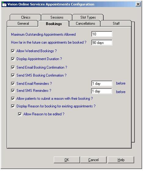 Bookings Tab The Bookings tab allows you to configure existing and new online appointment