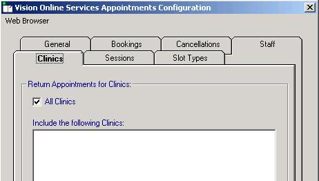 Clinics Tab The Clinics tab enables you to determine which Clinics (ad-hoc sessions that are not linked to a specific clinician) are available to your patients online. To add clinics: 1.