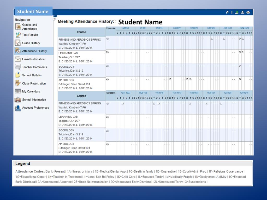 The ADendance History page displays informaaon about a student s adendance record for the