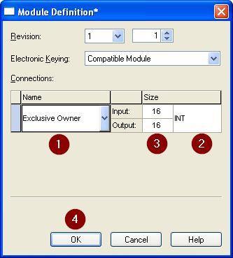 20 Solution Application Note A500930 4. Setup the Module Definition 1. Select the connection type: Exclusive Owner Input Only Listen Only 2.