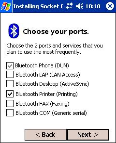 In the next screen, choose which two ports and services you plan to use most. After making your selections, tap Next>. Note: You cannot disable the Bluetooth Phone port. 5.