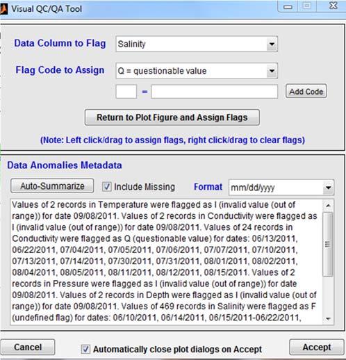 Interactive Q/C Tools Visual Q/C tool can be invoked from interactive data plots Actions variable-specific to prevent inadvertent flagging of wrong