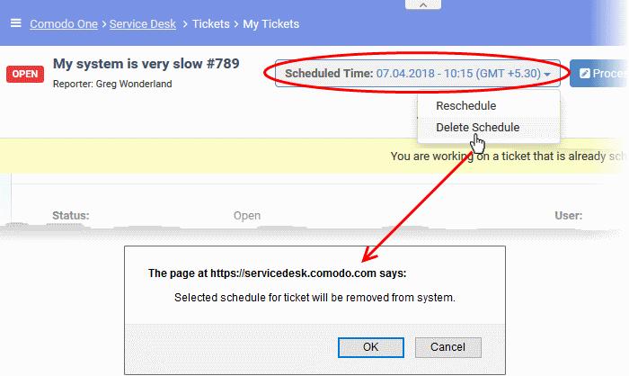 To remove a schedule Open the 'Staff' panel (see last link on the left) Click 'Tickets' then a ticket type ('Scheduled', 'Open', 'Unassigned', 'Overdue', etc) Click the number of the scheduled ticket