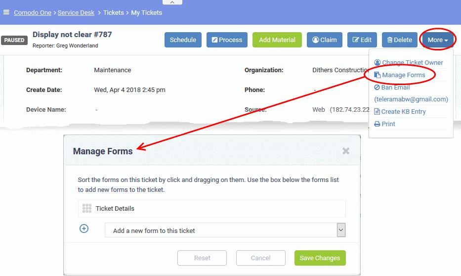The 'Manage Forms' screen will open: Select the form you want to add from the drop-down. Forms can be added by admins in 'Admin Panel' > 'Manage' > 'Forms' > 'Add Custom Form.