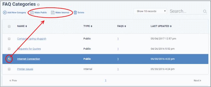 To publish a category, select it and click the 'Make Public' button. To make a category as private, select it and click the 'Make Internal' button. In the confirmation screen, click the 'Yes, Do it!