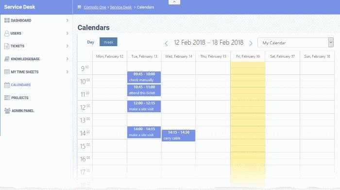 The following sections explain more about: View calendars Create a manual calendar entry View details and manage a calendar Entry View Calendars The drop-down at the top-right allows you to select