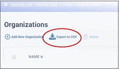Export organizations list to a CSV file Click the 'Export' link at the top of the interface to download a list of all current Service Desk organizations. The list will be exported in.csv format.