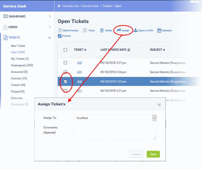 Comments (Optional) - Enter a reason for assigning the ticket or other notes about the task. The comment can be viewed by the assigned staff member as an internal note in the ticket.