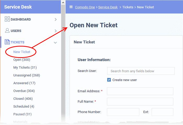 It contains the following sections: User information - Details of the user on behalf of whom the ticket is created Ticket information and options - Ticket parameters like category, SLA plan, due