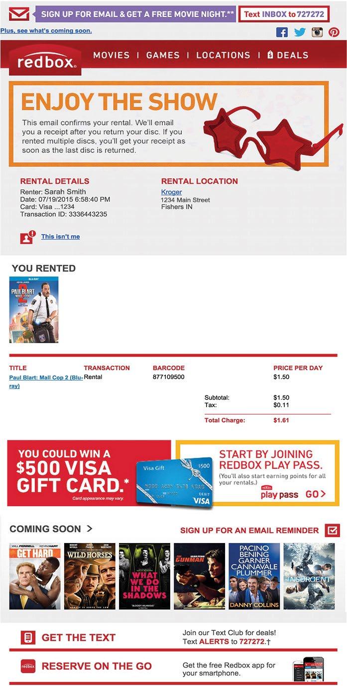Transactional Email Customer Example: Redbox Redbox does a great job calling out what was rented with description