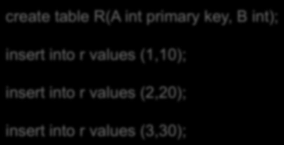 insert into r values (1,10); insert into r
