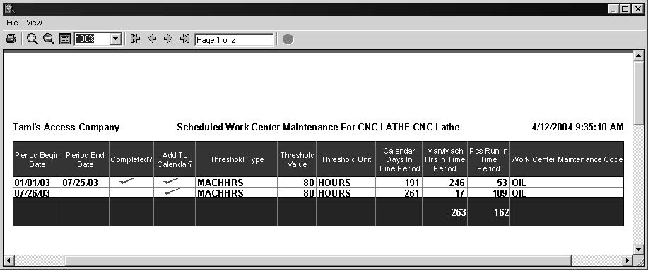 Triggered Maintenance This listing shows each Triggered Maintenance item set on a particular work center. Click the Print button in the lower left corner of the screen.