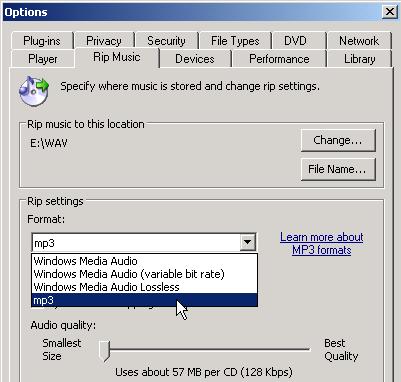 -12- Ripping Options (Media Player 10) For more control over the to-be-created audio file, click: >Tools >Options Click the Rip Music tab Set where
