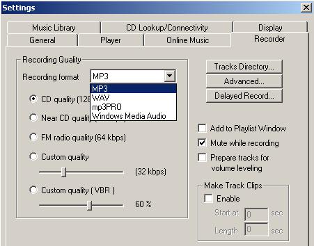 -15- Ripping Options (Music Match) For more control, click: >Options >Recorder >Settings Set where the ripped files will be stored, and