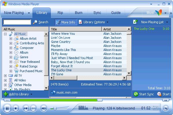 -28- Playing stuff in the Library (Media Player) Select Library, then expand All Music. Selecting the artist (e.g. Alison Krauss) displays all of his/her songs.