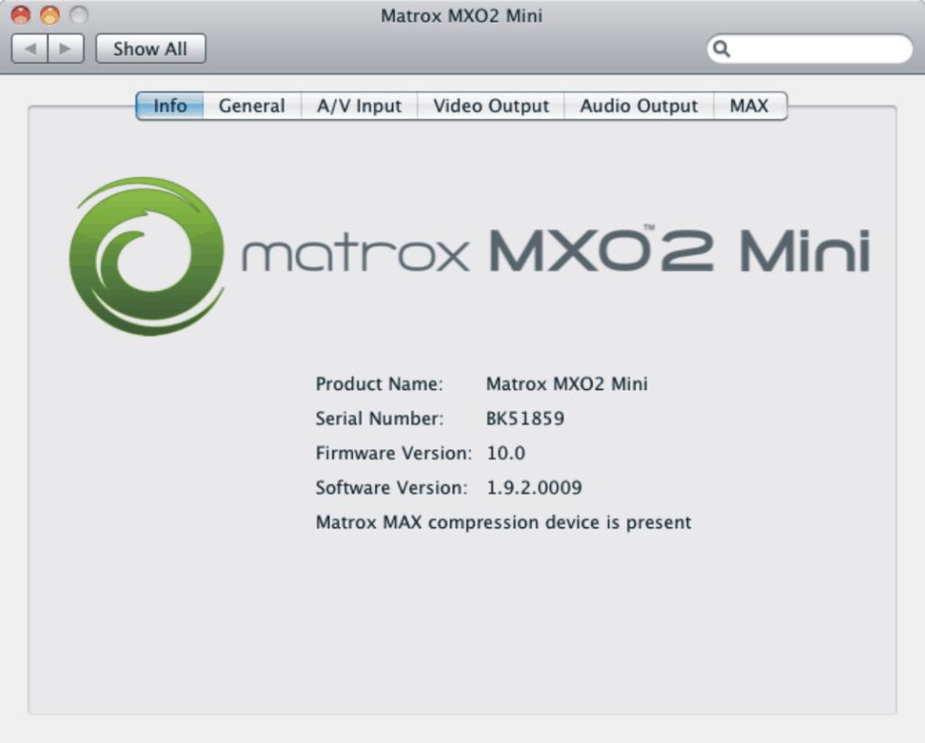 Viewing MXO2 information To view your MXO2 Mini s serial number, firmware version, and software version: 1 In the MXO2 Mini preferences window, click Info.
