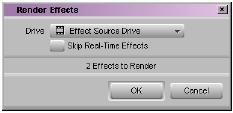 8 Choose Clip > Render In/Out (if the command appears grayed out, click in the Timeline again). 9 In the Render Effects dialog, choose Effect Source Drive from the Drive pop-up menu.