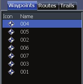trails. Press the keypad left/right to toggle between waypoints, routes and trails tabs.