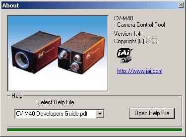 7.3. Camera Control Tool for CV-40 From www.jai.com Camera Control Tool for Windows 98/NT/2000 can be downloaded.