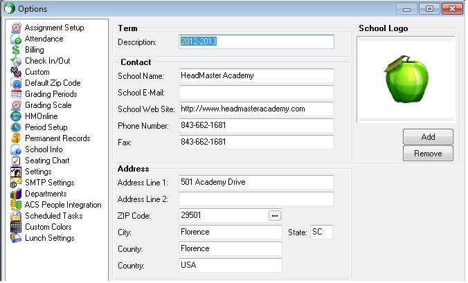 HeadMaster Set Up Part Unit 5: Setting Up Options The main features you use in Options are School Information, Email settings (SMTP Settings should be set up by your System Administrator), and Custom