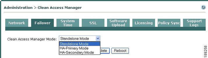 Failover Chapter 14 Step 3 Click Reboot to restart the Clean Access Manager with the new settings.