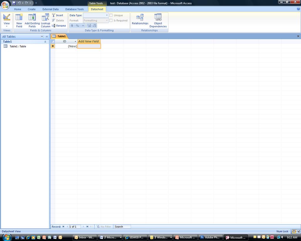 When you click the Create button your Access 2007 screen will change. This is the new look in 2007 Office.