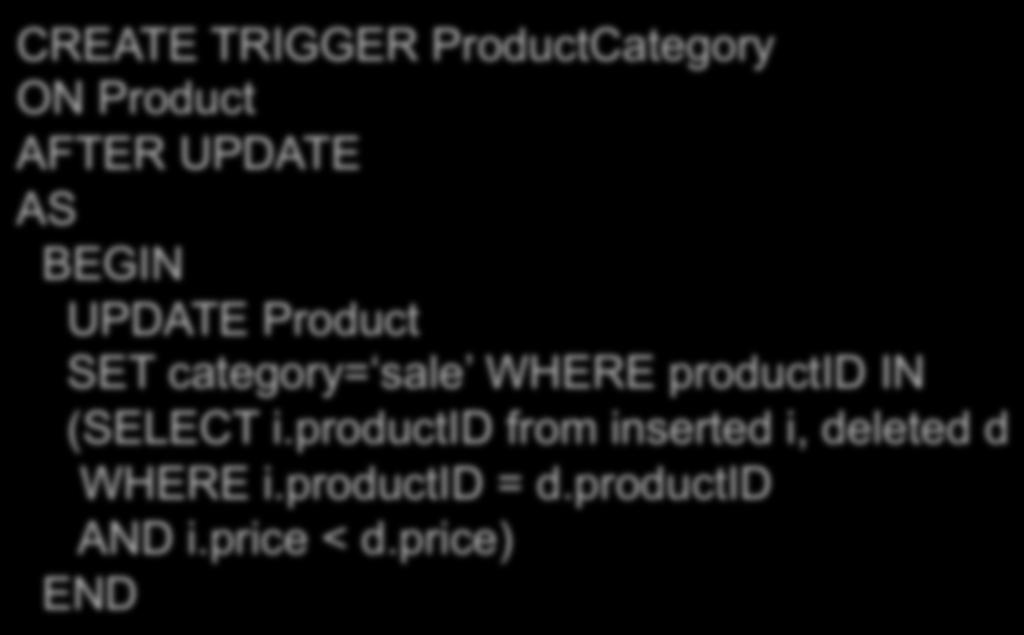 SQL Server Example CREATE TRIGGER ProductCategory ON Product AFTER UPDATE AS BEGIN UPDATE Product SET category= sale WHERE productid