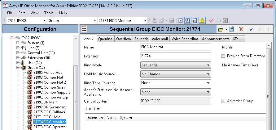 5.5. Assign Agent Users to Monitor Group From the configuration tree in the left pane, select the EICC Monitor group under the primary IP Office system, in this case 21774.