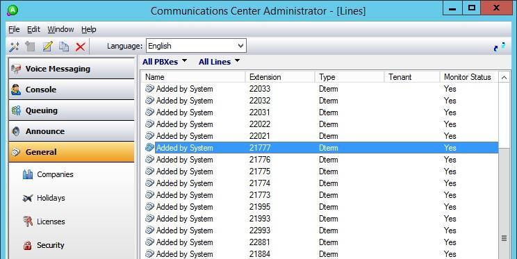 6.5. Administer Lines Select General Lines from the left pane, to display all extensions obtained automatically from both IP Office systems.
