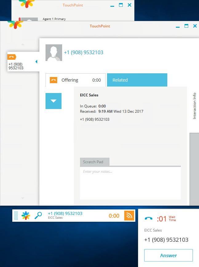 Make an incoming call from PSTN to the EICC Sales group, with available agent 21031 at the Main site.
