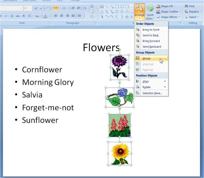 Next go to the Home Tab, Drawing Group, Arrange Feature and select Group. Figure 2.17 Group Objects The objects are now grouped and to PowerPoint are treated as one object.
