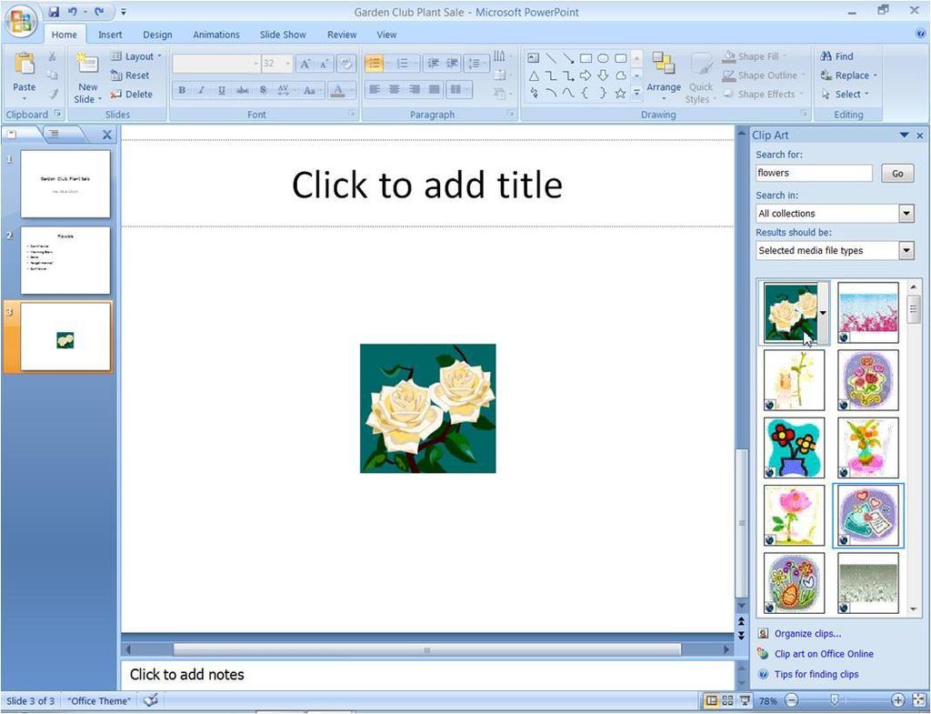A Single click on an image will select it and place it on the slide.