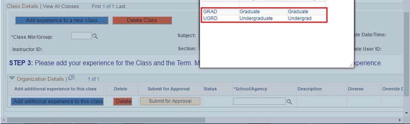 If an existing experience is submitted for the term displayed, the lookup button in the Term field