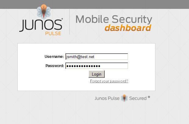 Figure 1: Mobile Security Dashboard Login Window. Once you login, the Home tab is displayed. See Figure 2 on page 5.