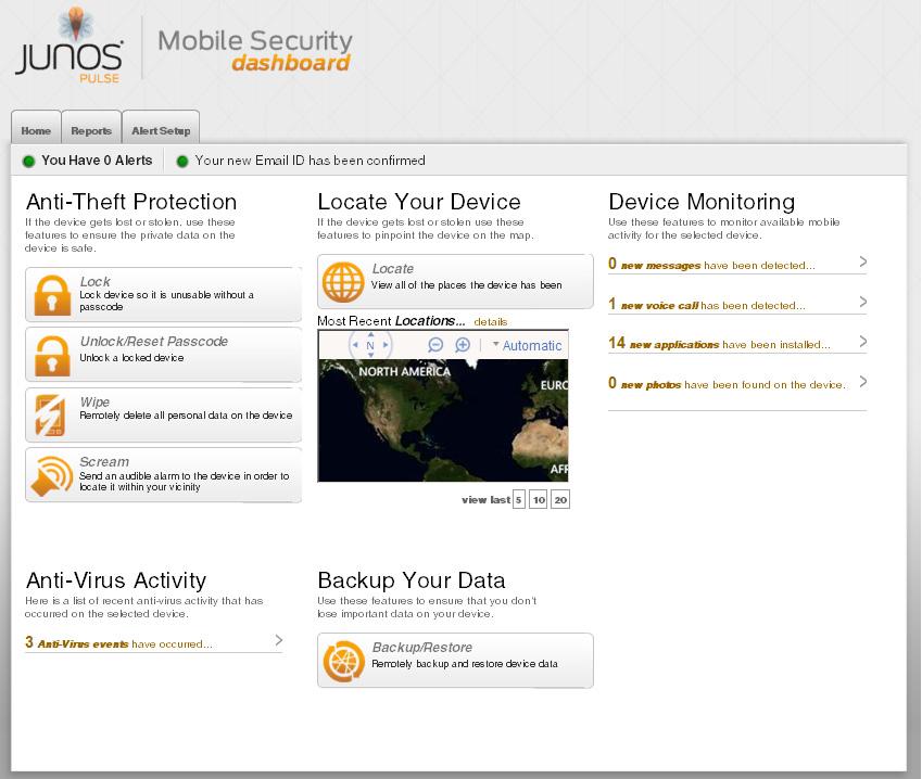 Using the Mobile Security Dashboard Figure 2: Home Tab Home Tab Information and Commands The Home tab provides all the information and commands you need at a glance for the selected device.