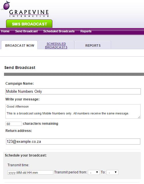 Step 3: After clicking Send Broadcast (as in section 6.3) the Broadcast Now page will display. Step 4: Fill in your campaign details.