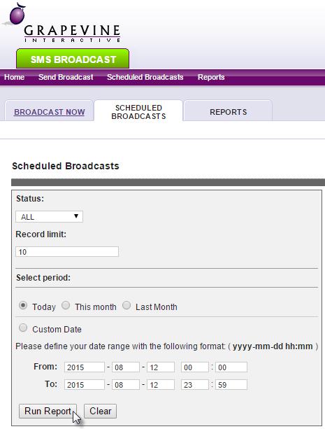 Step 1: Click Manage Scheduled Broadcasts Step 2: Select the status for which you would like to view your scheduled broadcasts from the drop down list: All, Scheduled, Sent, or Deleted