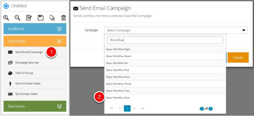 Step 2. (Entry) 1. Select a GatorMail Group Entry and drag and drop on to the canvas. 2. Create a group using your full name and EX1 e.g. Elliott Palmer EX1. Step 3. (Send Email Campaign) 1.