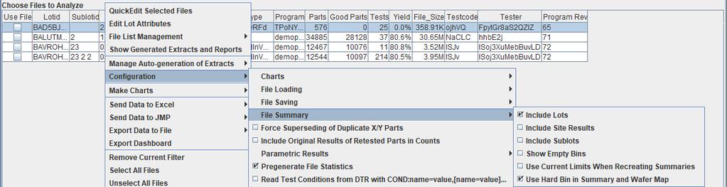 File Summary Options Option Include Lots Include Site Results Include Sublots Show Empty Bins Use Current Limits When Recreating Summaries Use Hard Bin in Summary and Wafer Map Description Shows lot